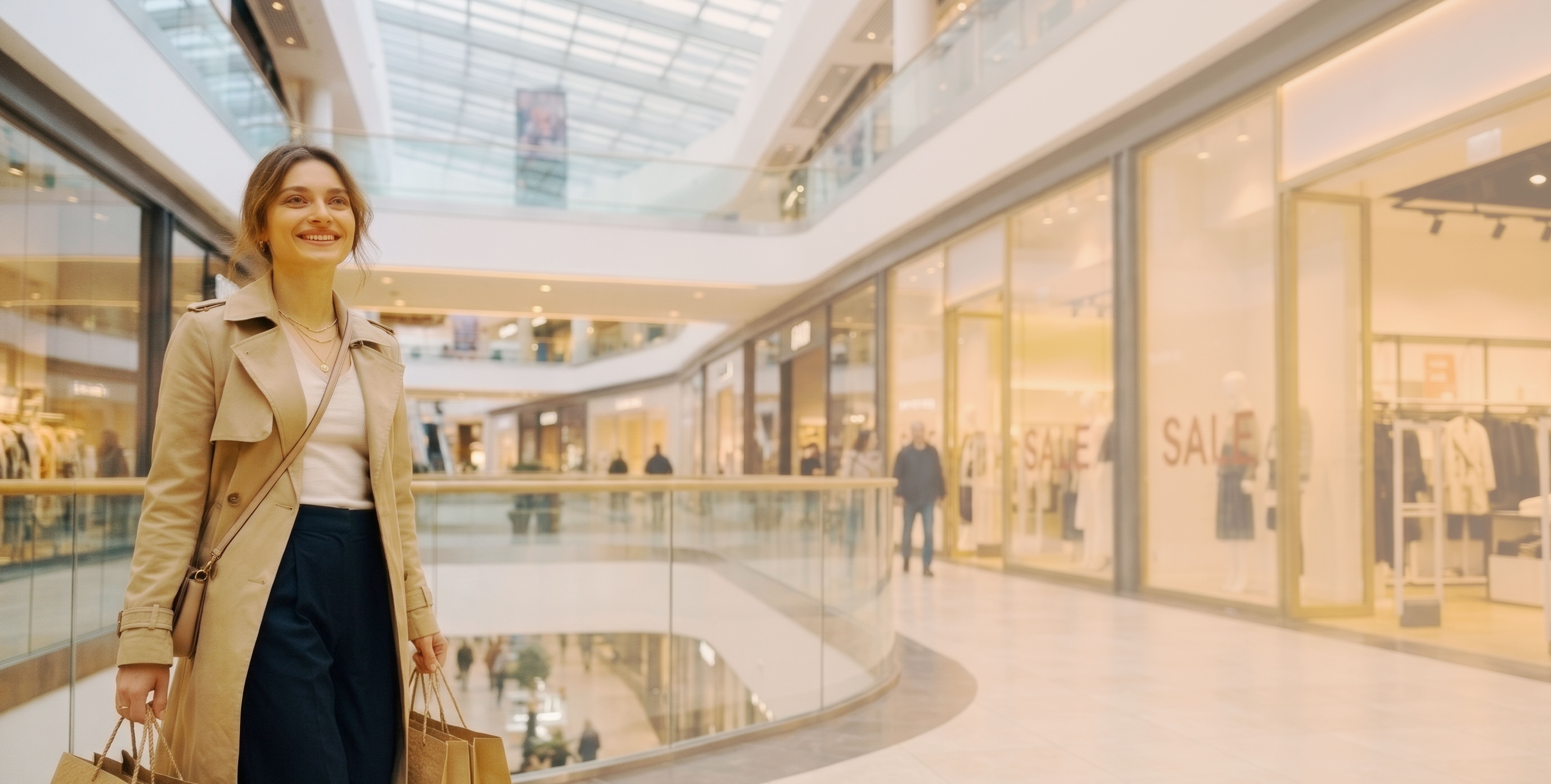 Woman with shopping bags in a bright shopping gallery.